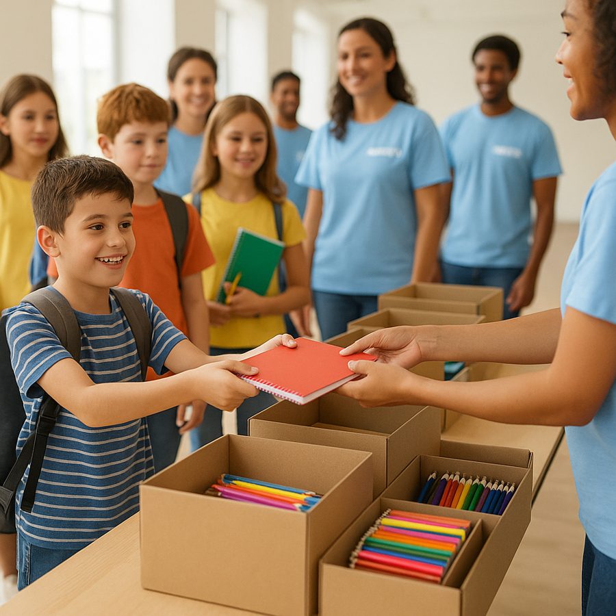 Des bénévoles remettent des fournitures à des enfants