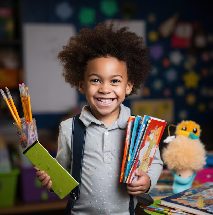 Un enfant souriant tenant ses fournitures