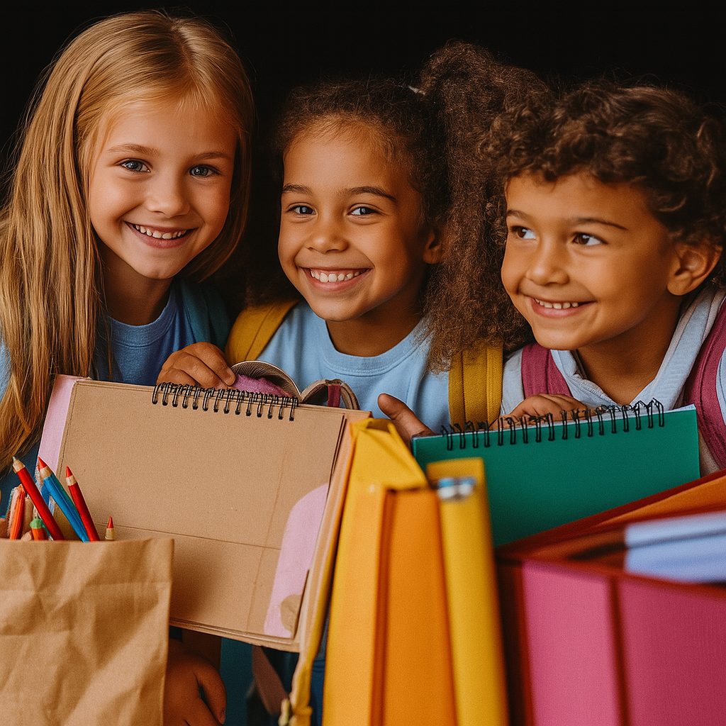 Des enfants souriants avec des cahiers et des fournitures scolaires