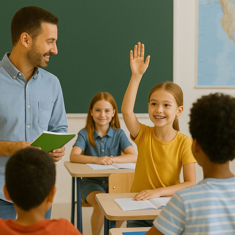Des élèves en classe lèvent la main